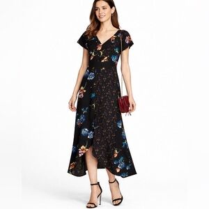 Xhilaration Black Floral Patchwork Lace-Up Handkerchief Hem Maxi Dress, Size M